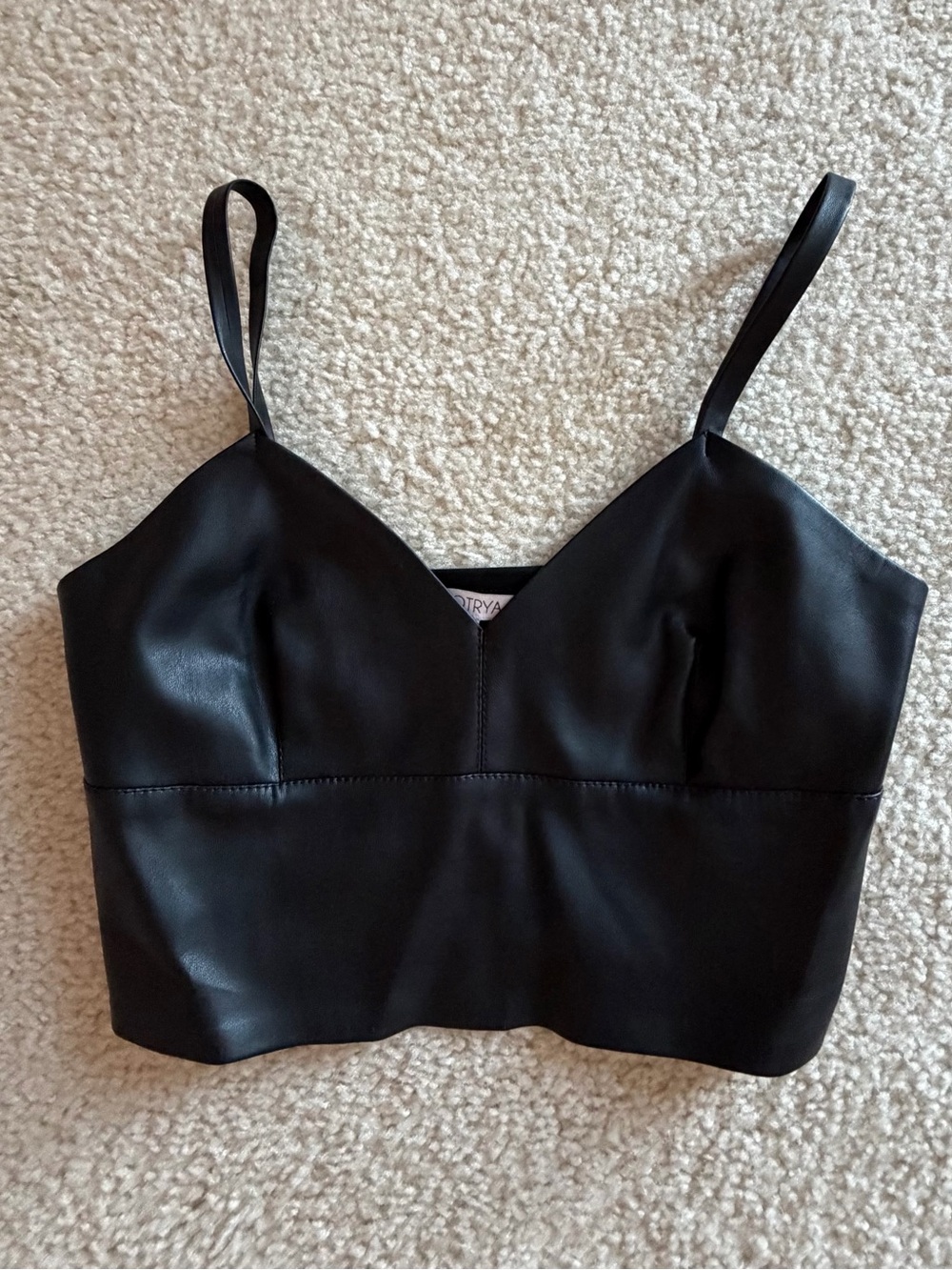 Black Faux Leather Crop Cami Top with Thin Straps